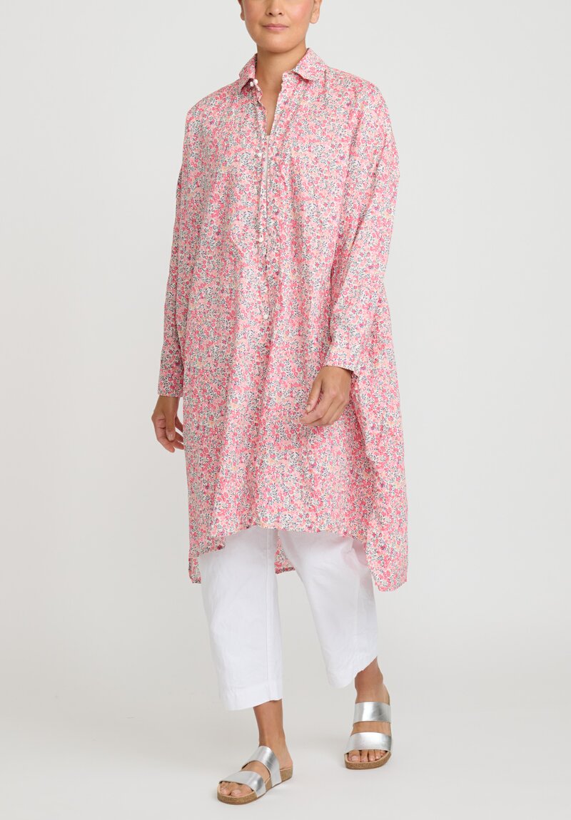 Daniela Gregis Washed Cotton Uomo Larghissima Rosella Lavata Shirt Dress in Pink & White Botanical	