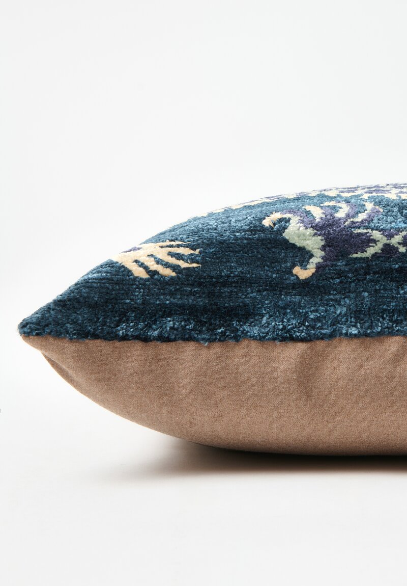Tibet Home Bamboo Silk Hand Knotted Lumbar Pillow in Blue Dragon Facing Left	