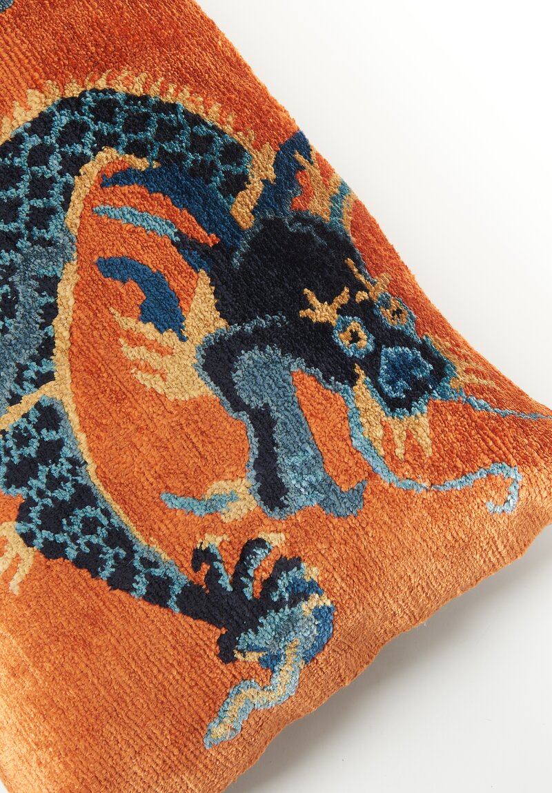 Tibet Home Bamboo Silk Hand Knotted & Woven Lumbar Pillow Dragon Orange R	