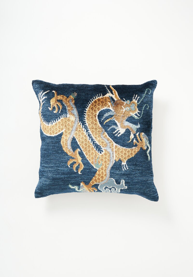 Tibet Home Bamboo Silk Hand Knotted Square Pillow Dragon Gold & Blue	