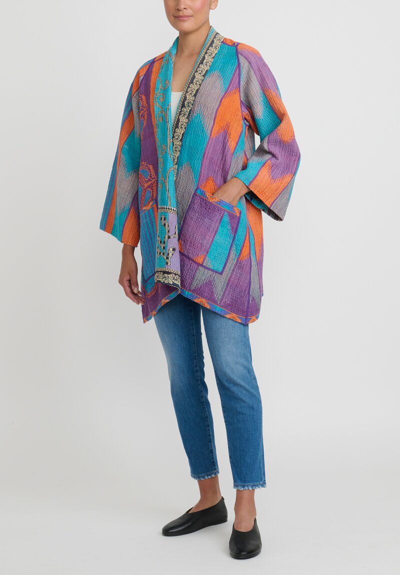 Mieko Mintz 4-Layer Vintage Cotton Kantha A-Line Jacket in Turquoise, Purple & Orange	