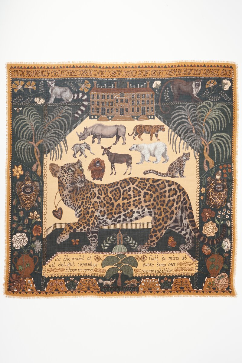 Sabina Savage Cashmere The Jaguar's Paradise Scarf in Butter Yellow & Pine Green	