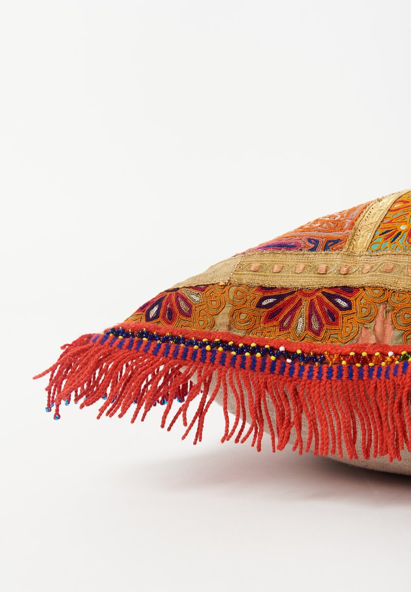 Antique Thar Silk Embroidered Lumbar Pillow in Pink, Orange