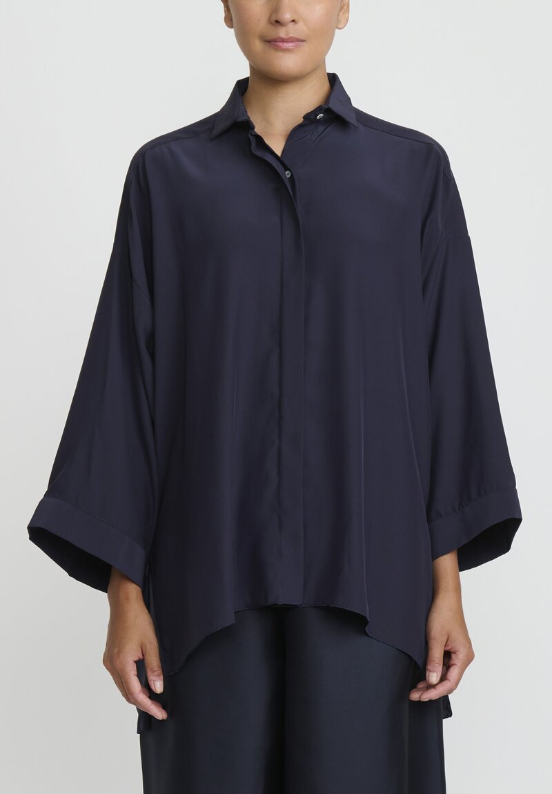 Shi Charmeuse Silk Oversized Shirt in Navy Blue	