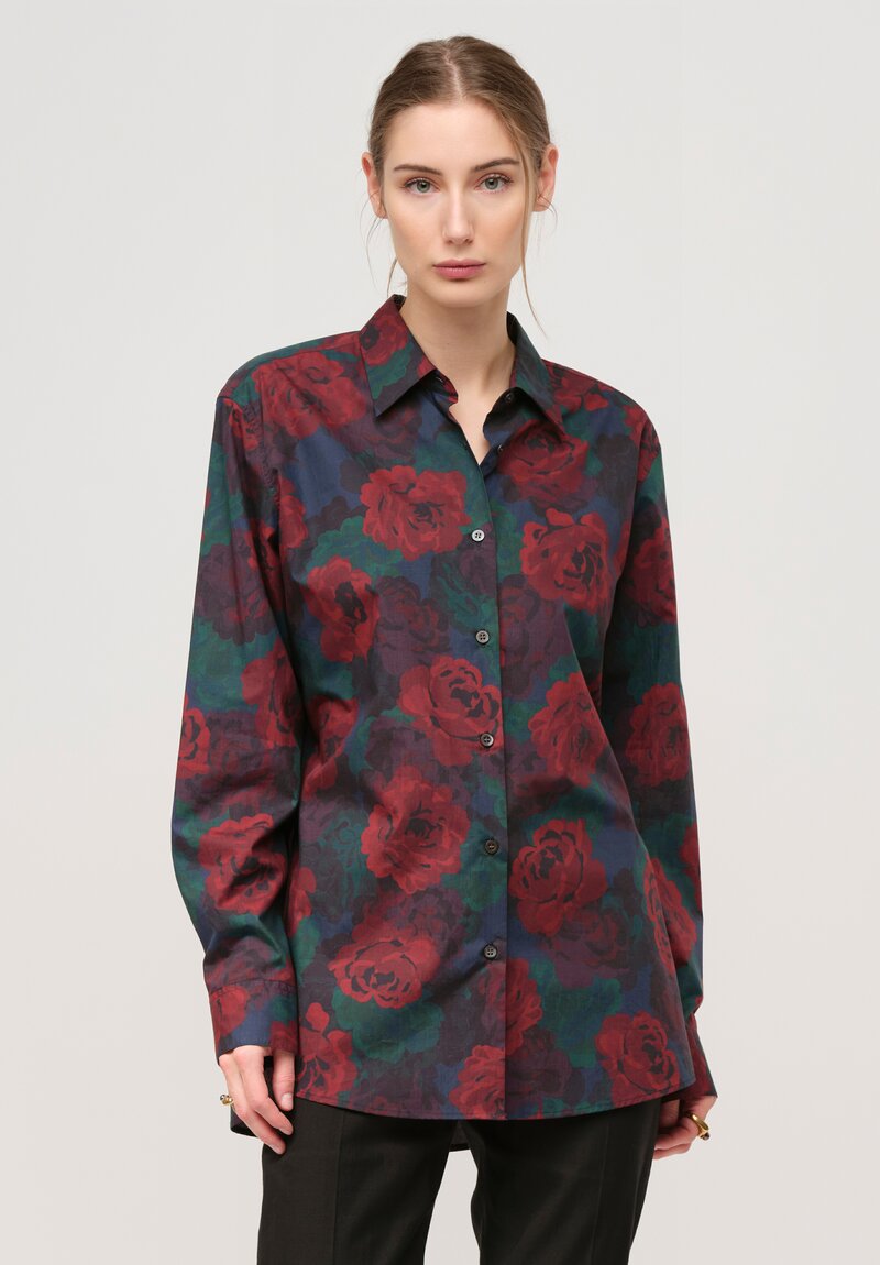 Dries Van Noten Cotton Poplin Rose Print Shirt in Navy Blue