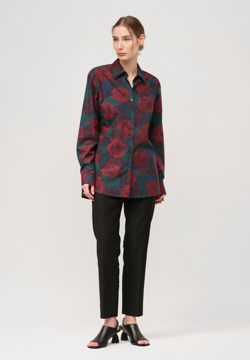 Dries Van Noten Cotton Poplin Rose Print Shirt in Navy Blue