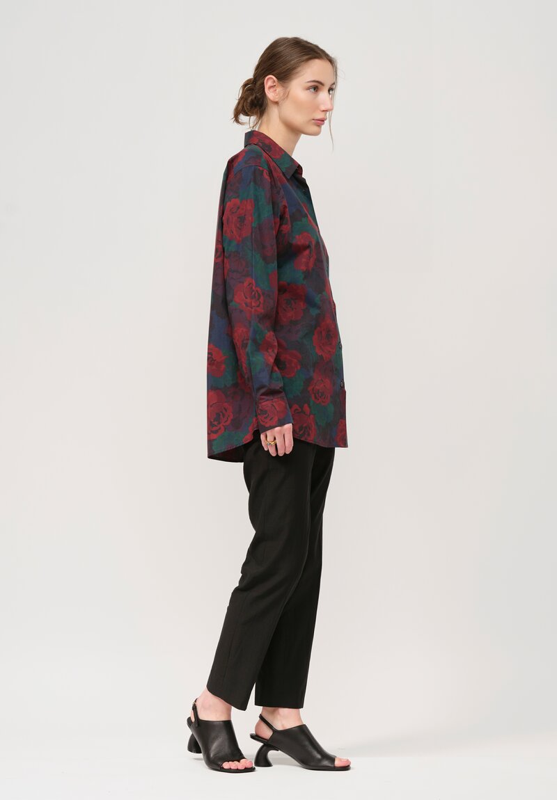 Dries Van Noten Cotton Poplin Rose Print Shirt in Navy Blue