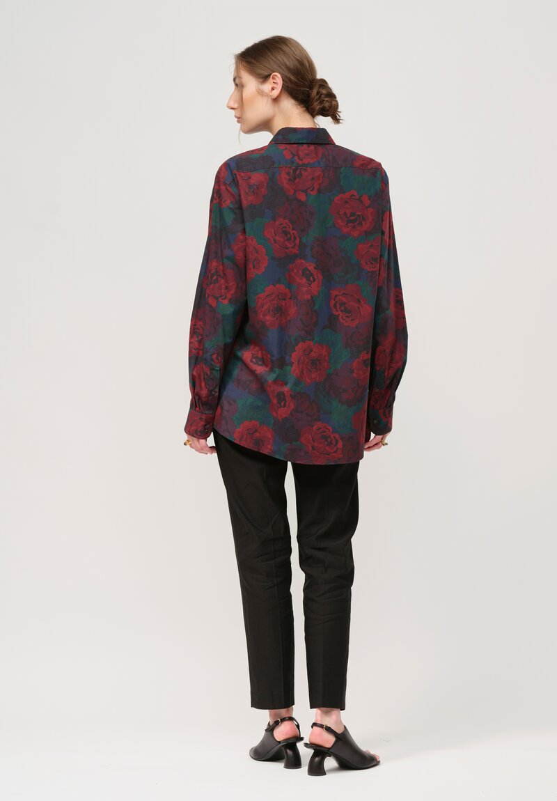 Dries Van Noten Cotton Poplin Rose Print Shirt in Navy Blue