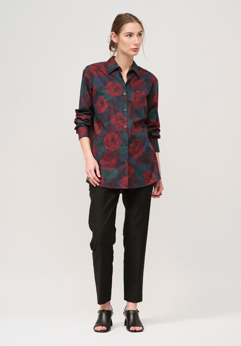 Dries Van Noten Cotton Poplin Rose Print Shirt in Navy Blue