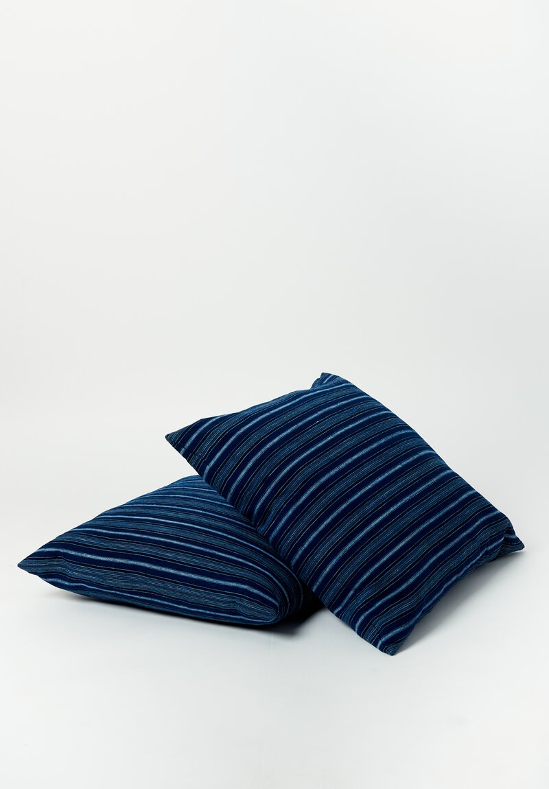 Vintage Han Handwoven Cotton Horizontal Stripe Pillow in Blue