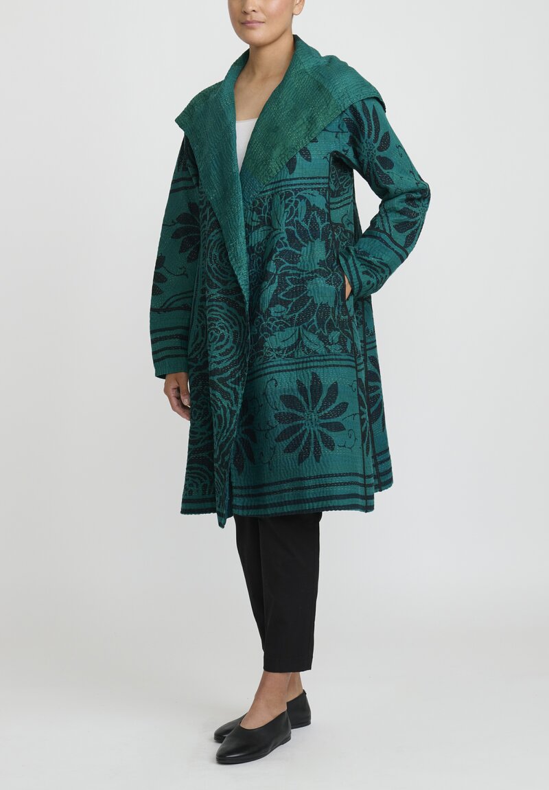 Mieko Mintz 4-Layer Vintage Cotton A-Line Coat in Emerald Green, Black	