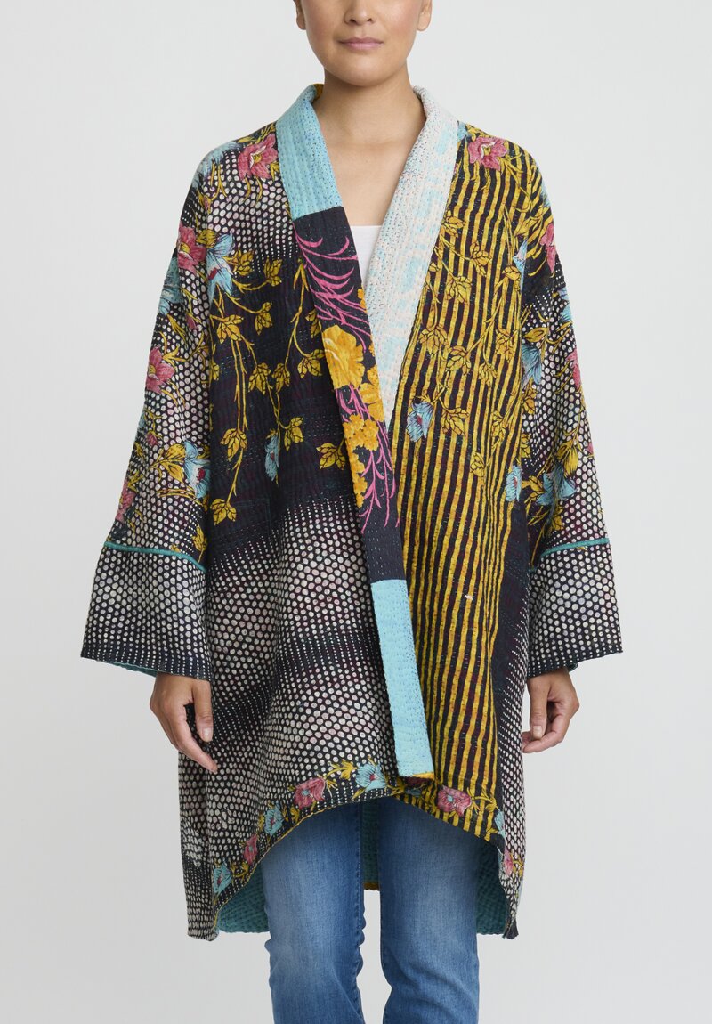 Mieko Mintz 4Layer Vintage Cotton Long Kimono Jacket in Black, White