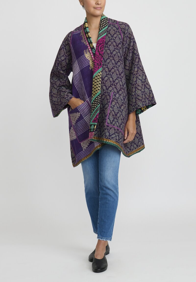 Mieko Mintz 4-Layer Vintage Cotton Kantha A-Line Jacket in Fuschia Purple & Violet Purple	