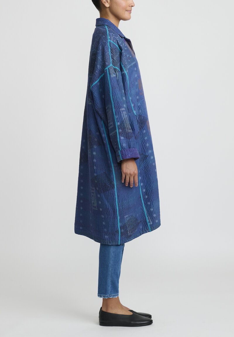 Mieko Mintz Overedyed Cotton Kantha Oversized Medium Coat in Blue & Gold Metallic	