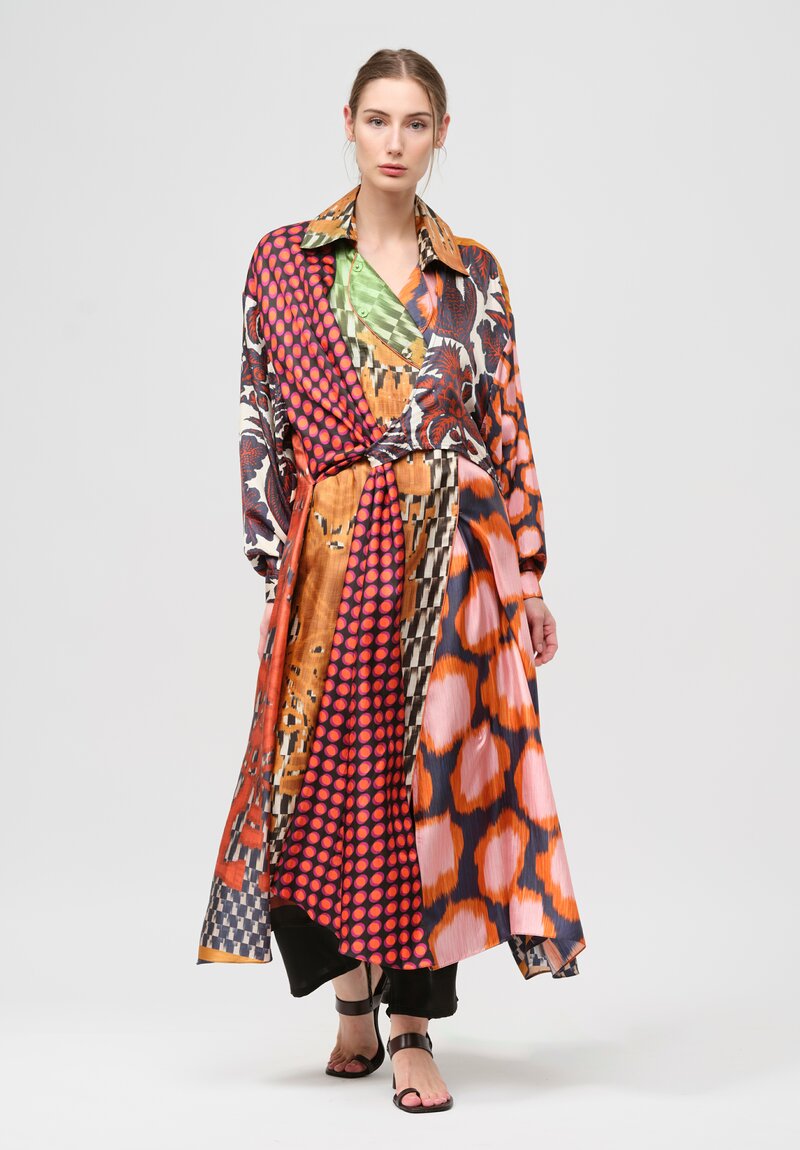 Biyan Silk Ryke Patchwork Print Coat in Copper & Yellow Multi