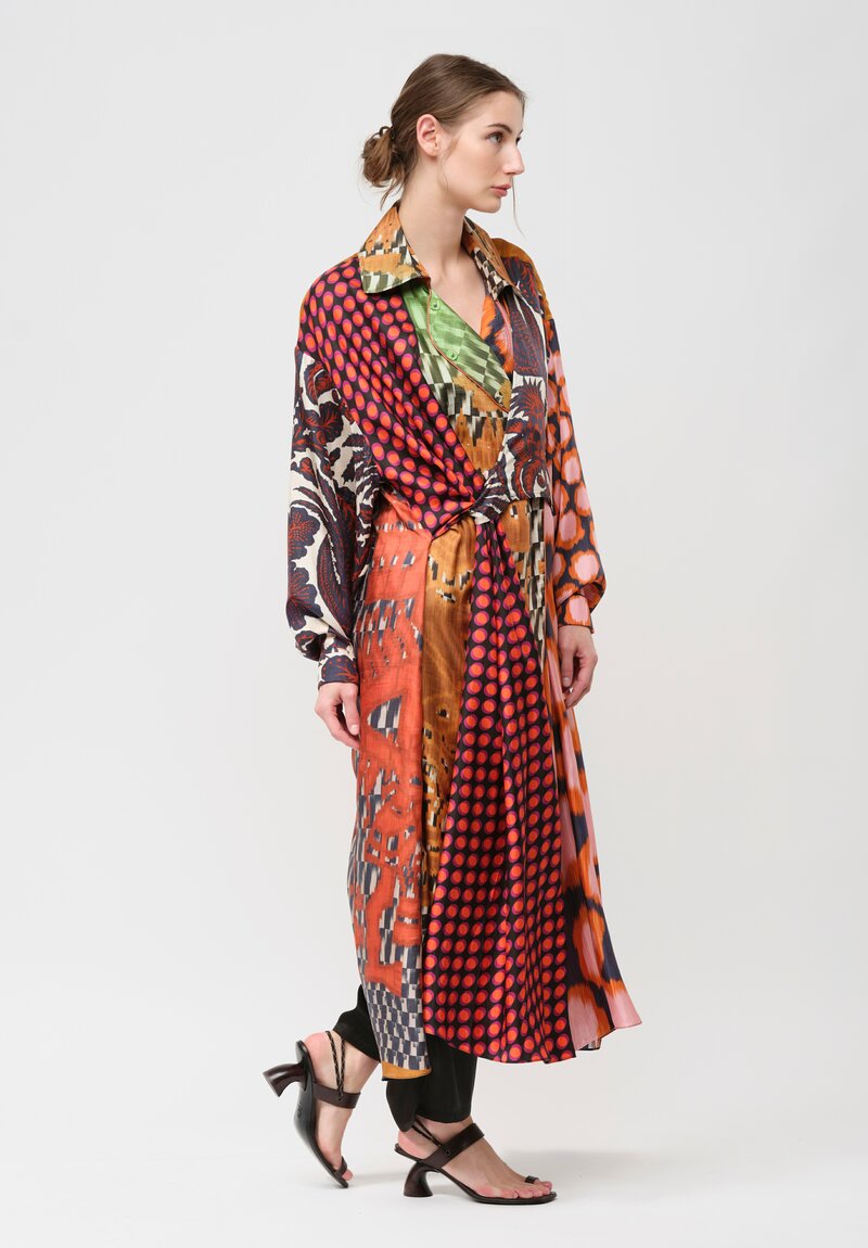 Biyan Silk Ryke Patchwork Print Coat in Copper & Yellow Multi