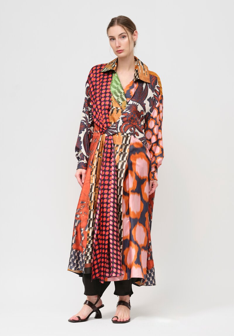 Biyan Silk Ryke Patchwork Print Coat in Copper & Yellow Multi