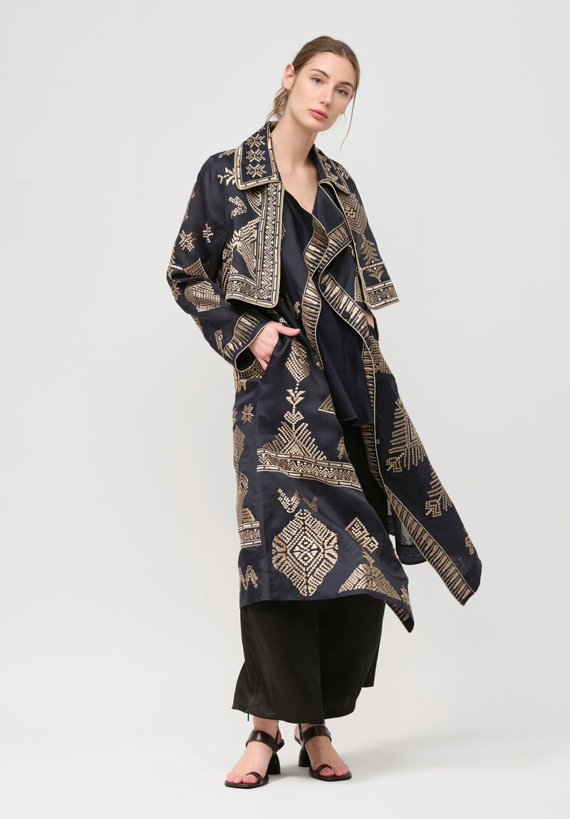 Biyan Silk Organza Embroidered Ratovina Light Trench Coat in Navy Blue