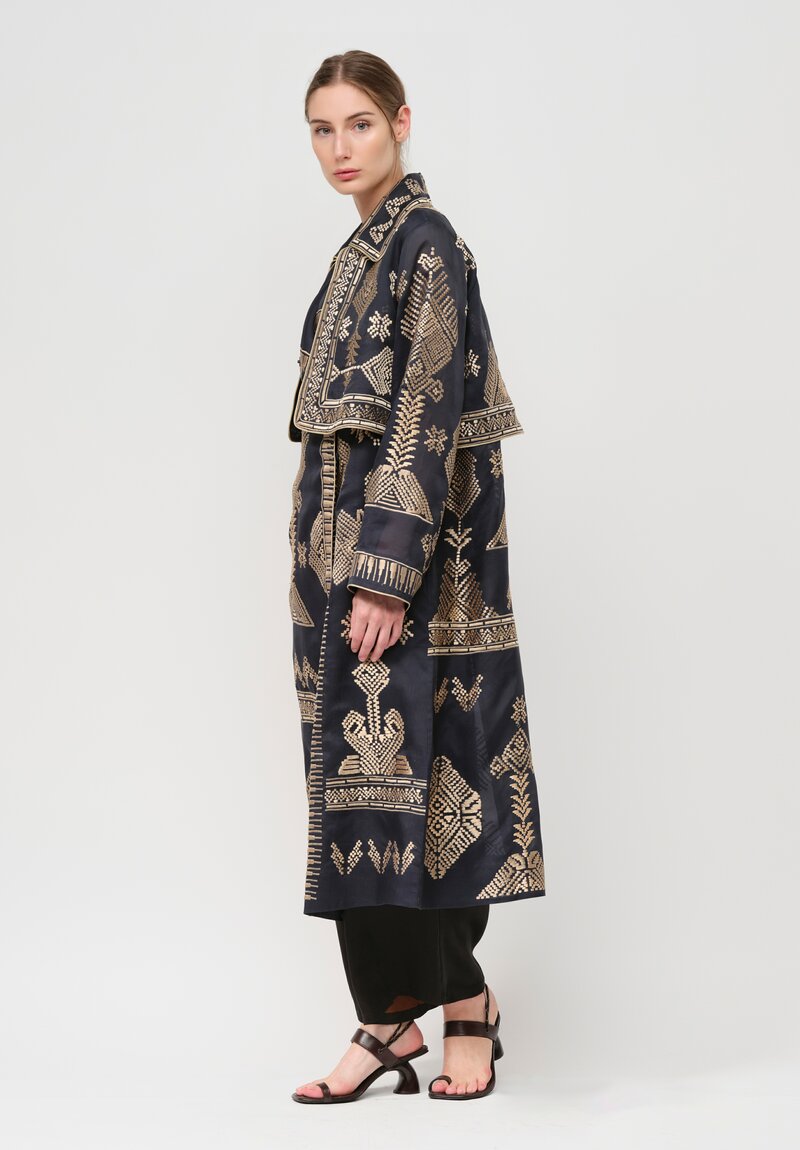 Biyan Silk Organza Embroidered Ratovina Light Trench Coat in Navy Blue