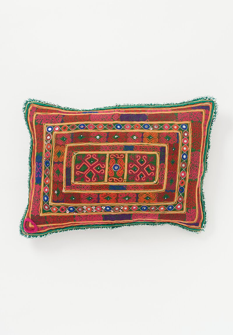 Antique Thar Silk Embroidered Lumbar Pillow Fushia Pink, Red, Gold