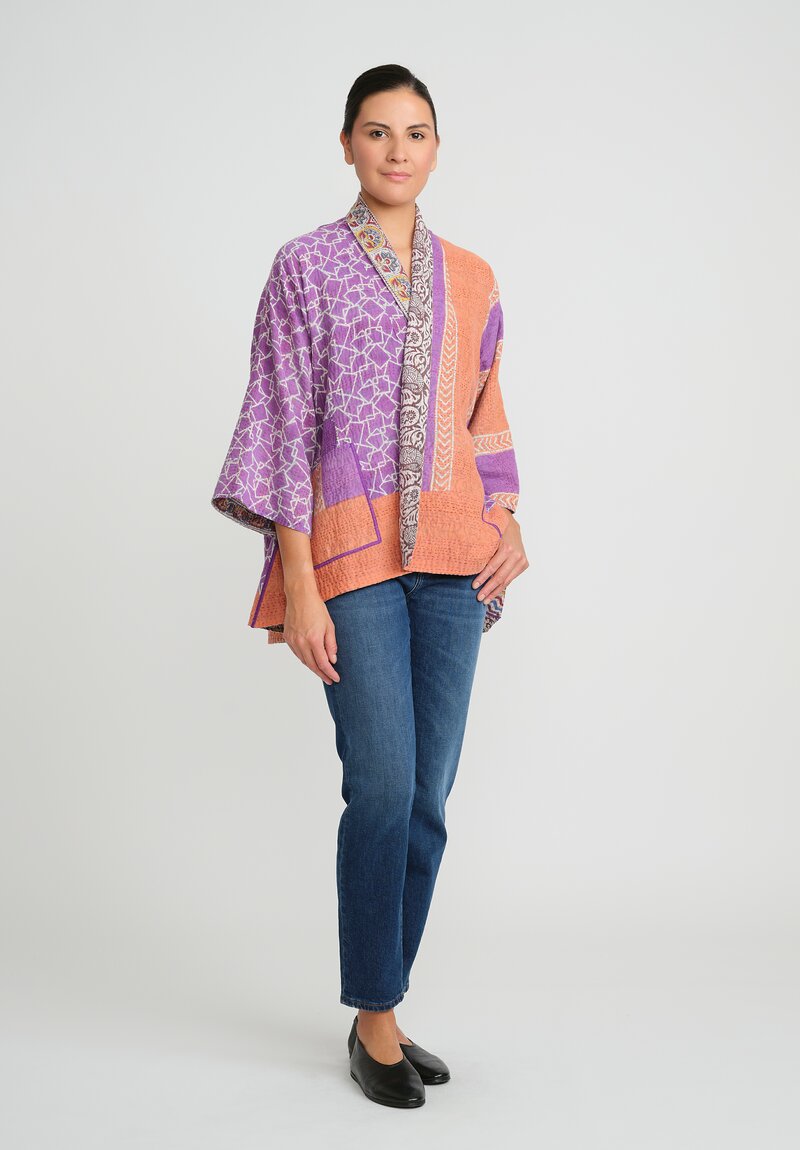 Mieko Mintz 2-Layer Vintage Cotton Kantha Kimono Jacket in Orange