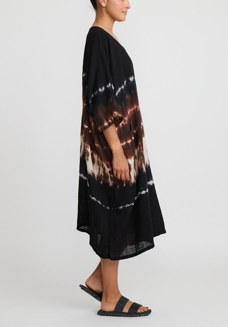 Gilda Midani Pattern Dyed Cotton Bucket Dress in Chocolate Brown Row