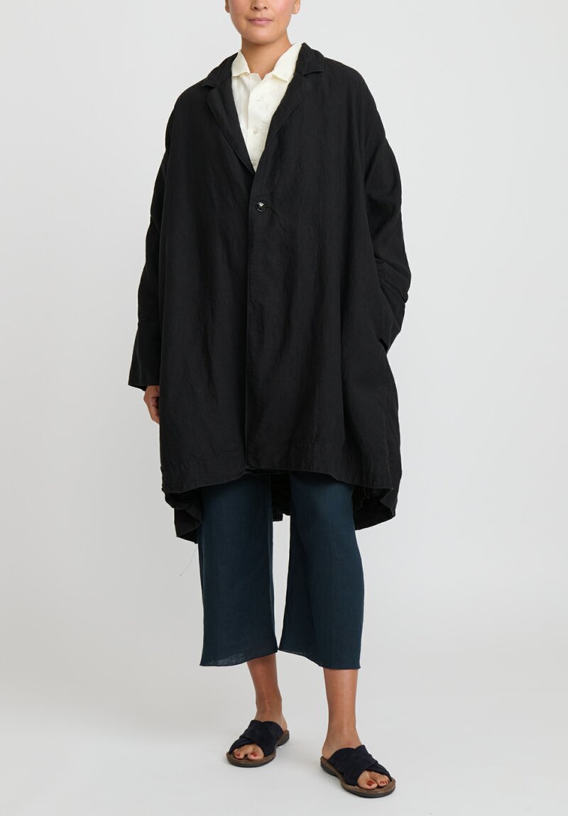 Kaval High Count Linen A-Line Overcoat in Black