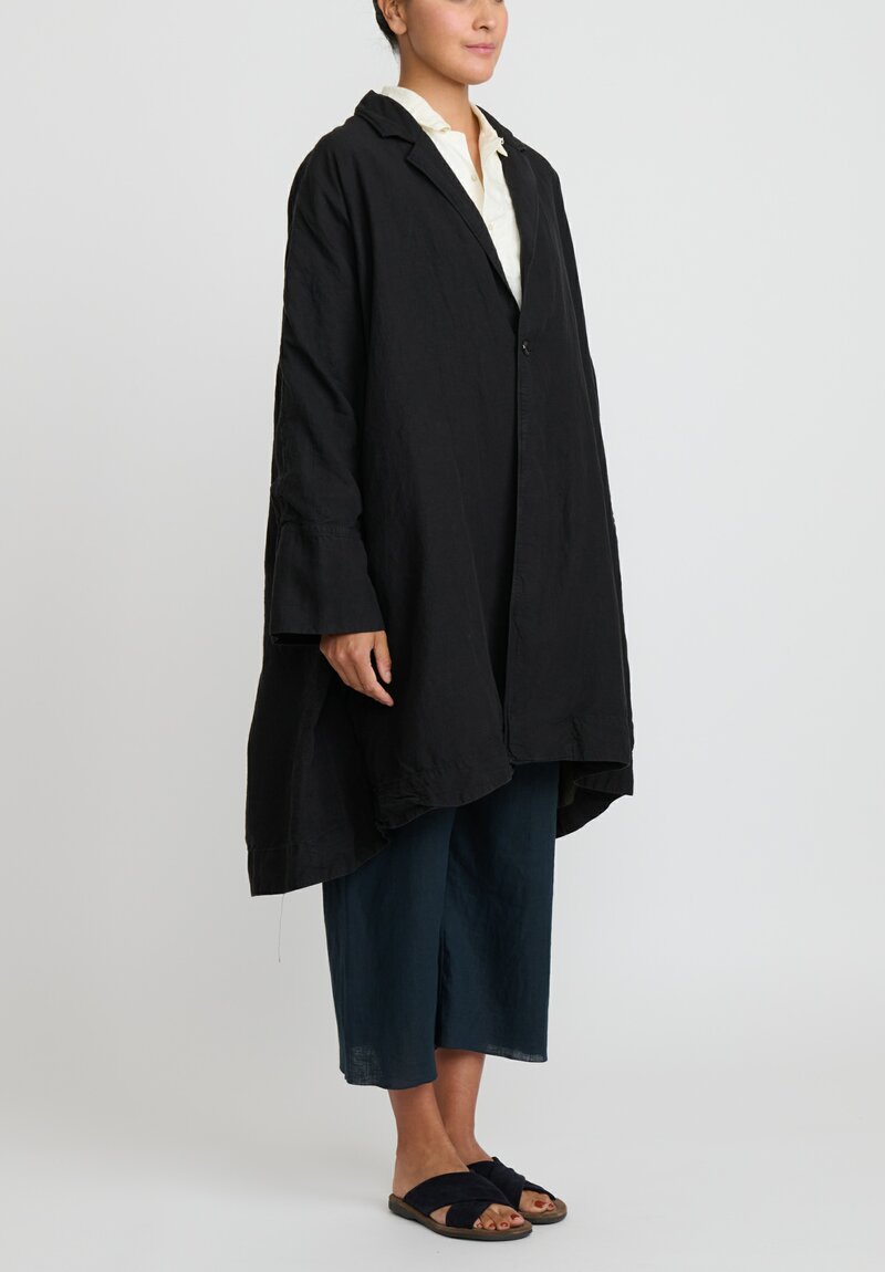 Kaval High Count Linen A-Line Overcoat in Black