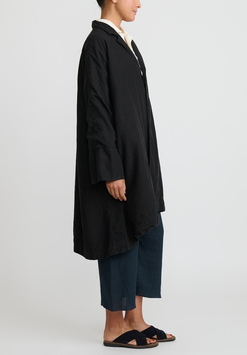 Kaval High Count Linen A-Line Overcoat in Black