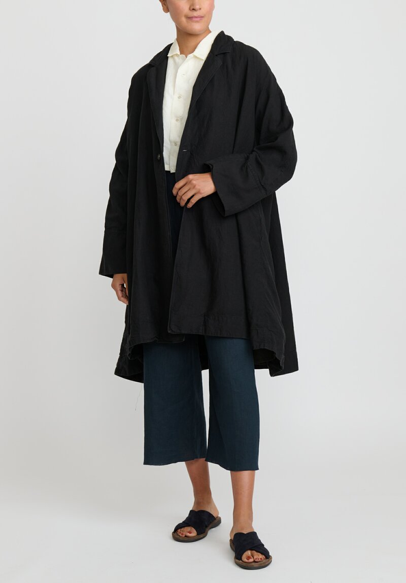 Kaval High Count Linen A-Line Overcoat in Black