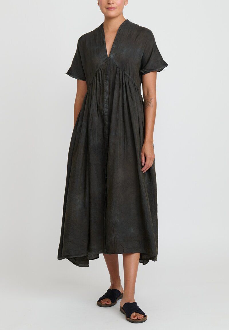 Kaval Narrow Silk Linen Fly Front Gather Dress	
