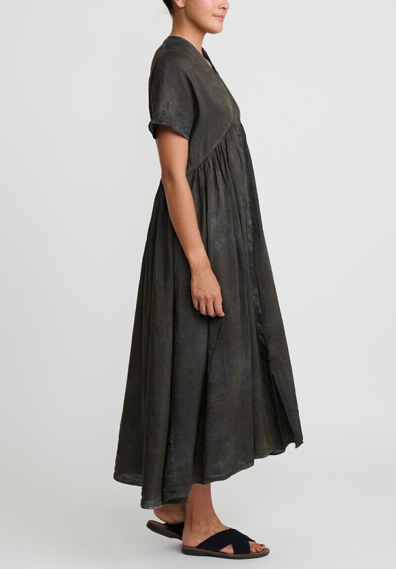 Kaval Narrow Silk Linen Fly Front Gather Dress	