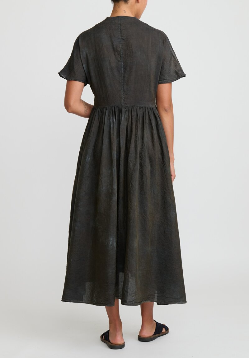 Kaval Narrow Silk Linen Fly Front Gather Dress	