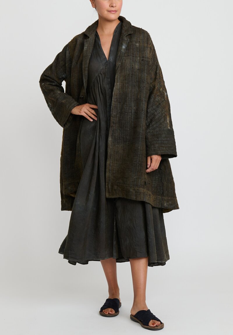 Kaval Narrow Silk Linen Fly Front Gather Dress	