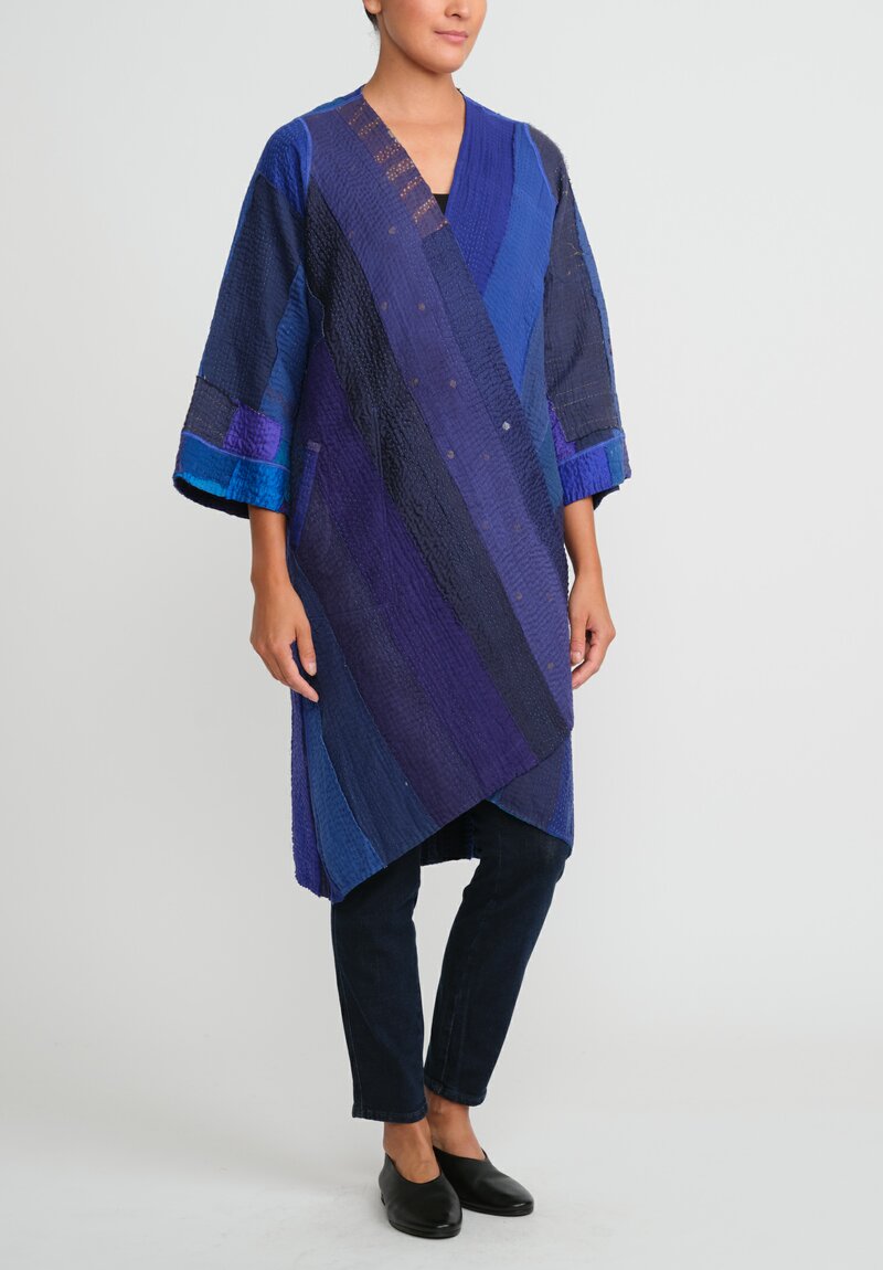 Mieko Mintz 4-Layer Vintage Cotton & Silk Wrap Flare Coat in Stripe & Chech Blue	
