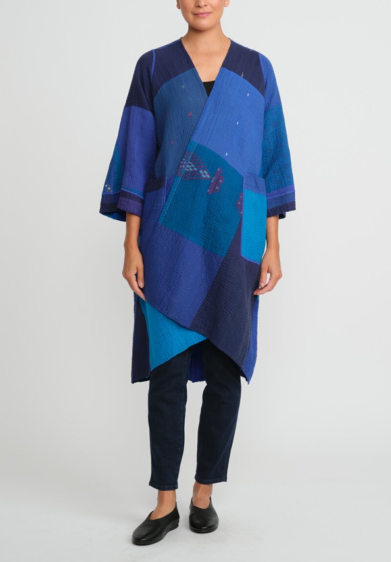 Mieko Mintz 4-Layer Vintage Cotton & Silk Wrap Flare Coat in Stripe & Chech Blue	