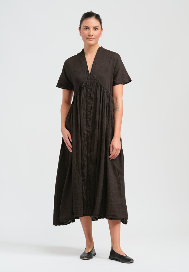 Kaval Narrow Silk and Linen Fly Front Gather Dress in Black	