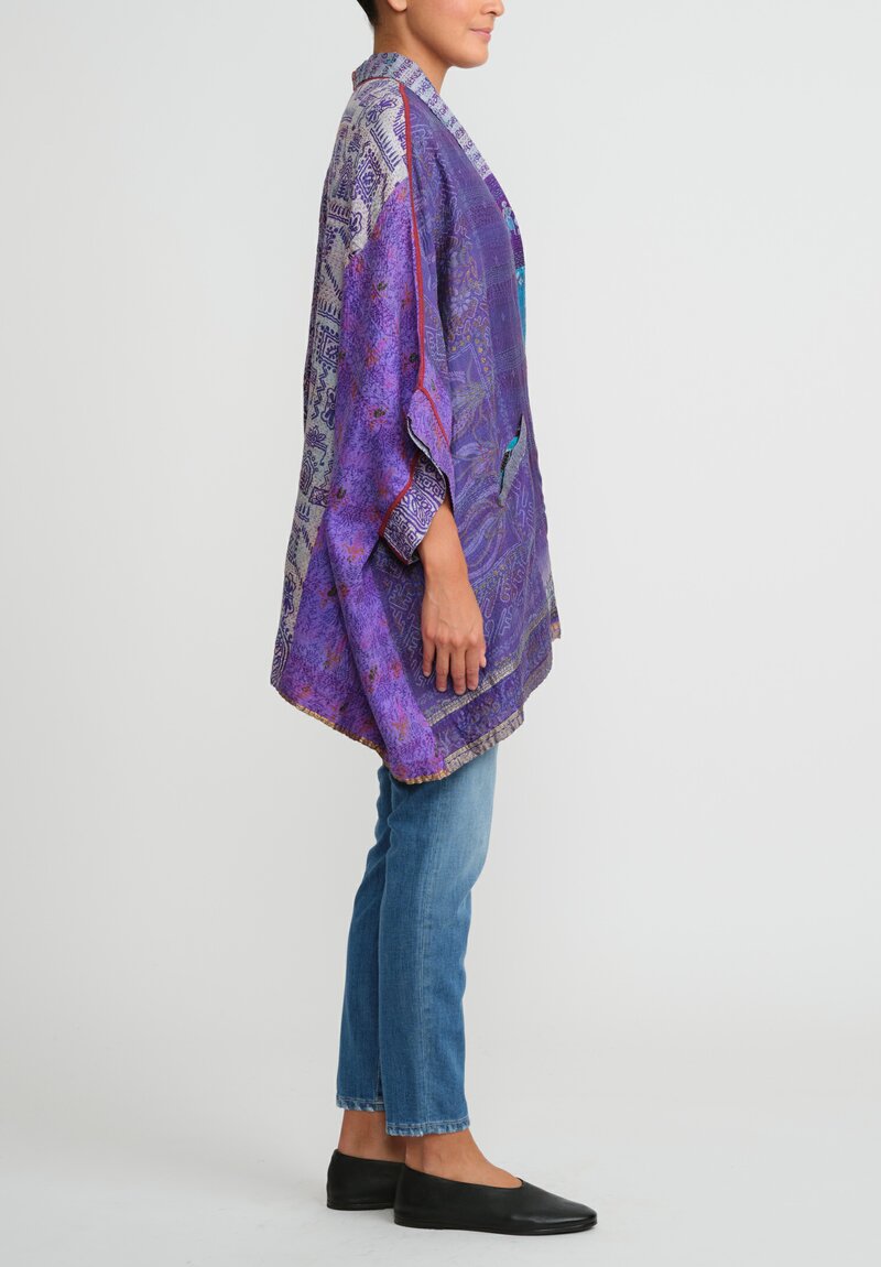 Mieko Mintz 2-Layer Vintage Silk Double Collar Poncho in Purple & Turquoise Blue	