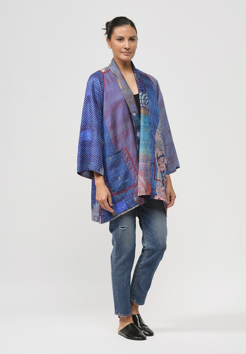 Mieko Mintz 2-Layer Vintage Silk A-Line Jacket in Blue & Purple	