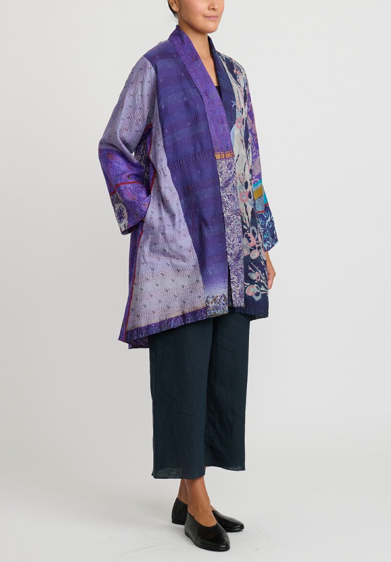 Mieko Mintz 2-Layer Vintage Silk Kantha Long Kimono Jacket in Purple, Off White