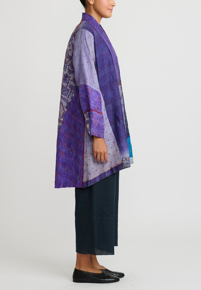 Mieko Mintz 2-Layer Vintage Silk Kantha Long Kimono Jacket in Purple, Off White