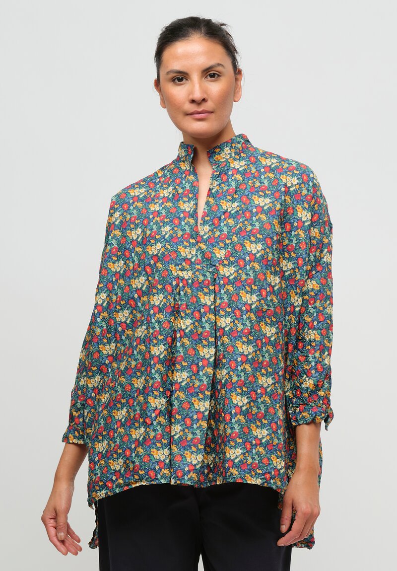 Daniela Gregis Washed Cotton Kora Top in Blue, Orange & Red Flowers	