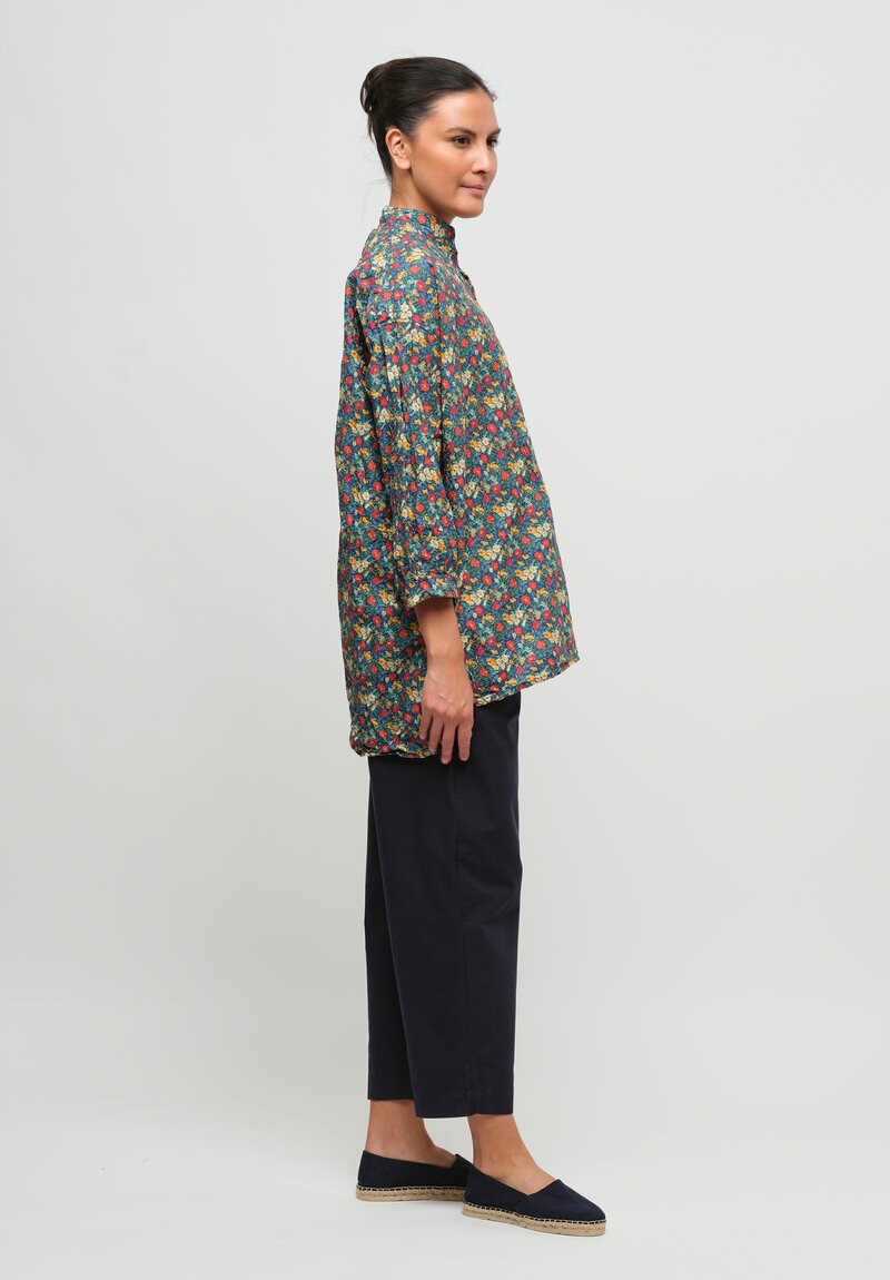 Daniela Gregis Washed Cotton Kora Top in Blue, Orange & Red Flowers	