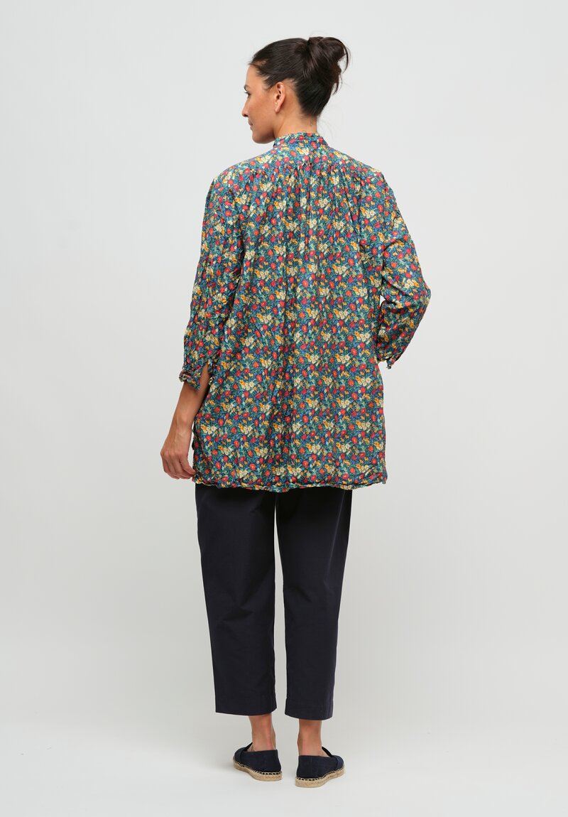 Daniela Gregis Washed Cotton Kora Top in Blue, Orange & Red Flowers	