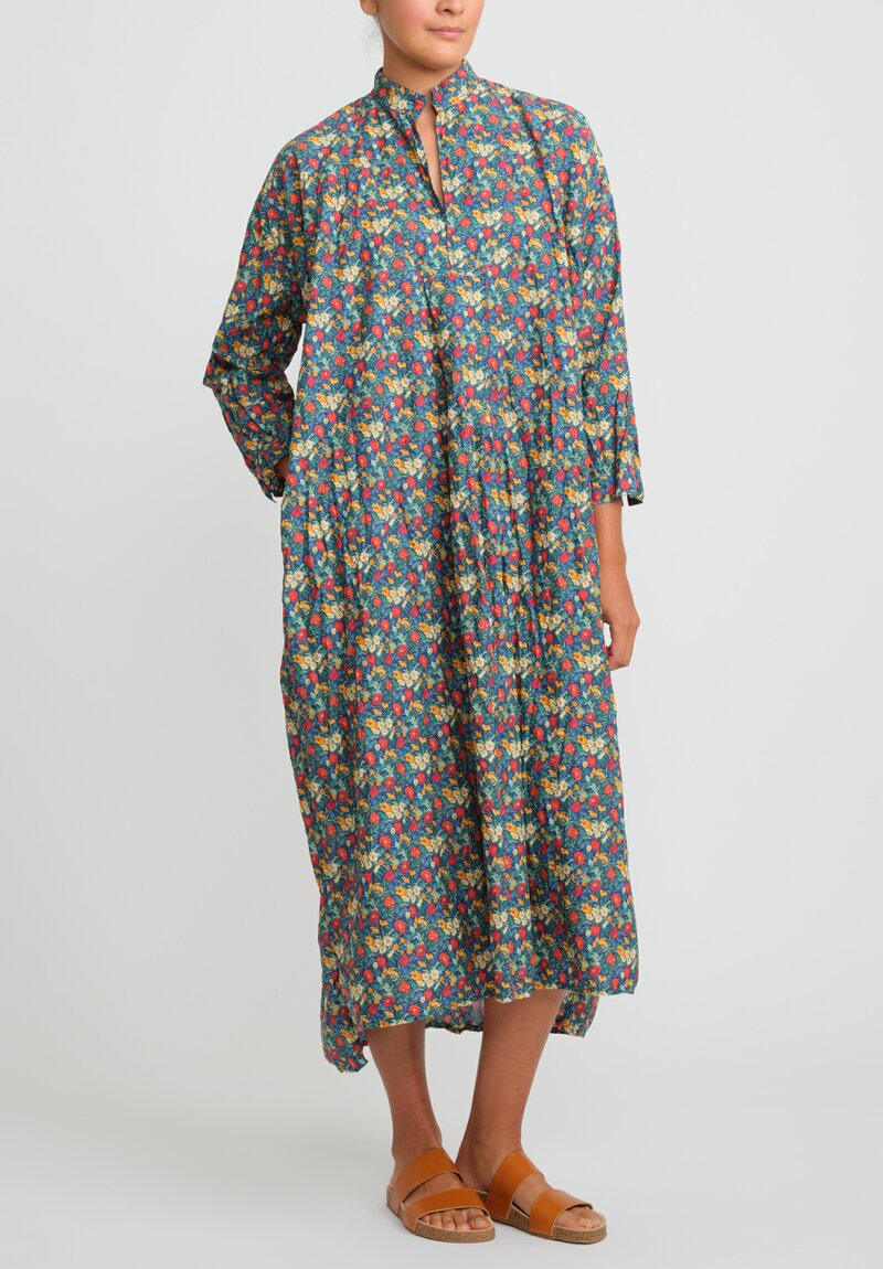 Daniela Gregis Washed Cotton Long Kora Shirtdress in Blue, Orange, Red Flowers