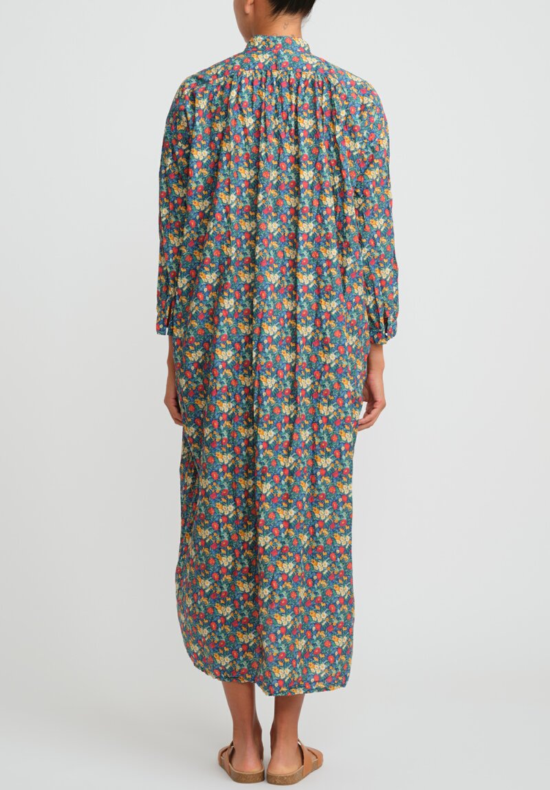 Daniela Gregis Washed Cotton Long Kora Shirtdress in Blue, Orange, Red Flowers