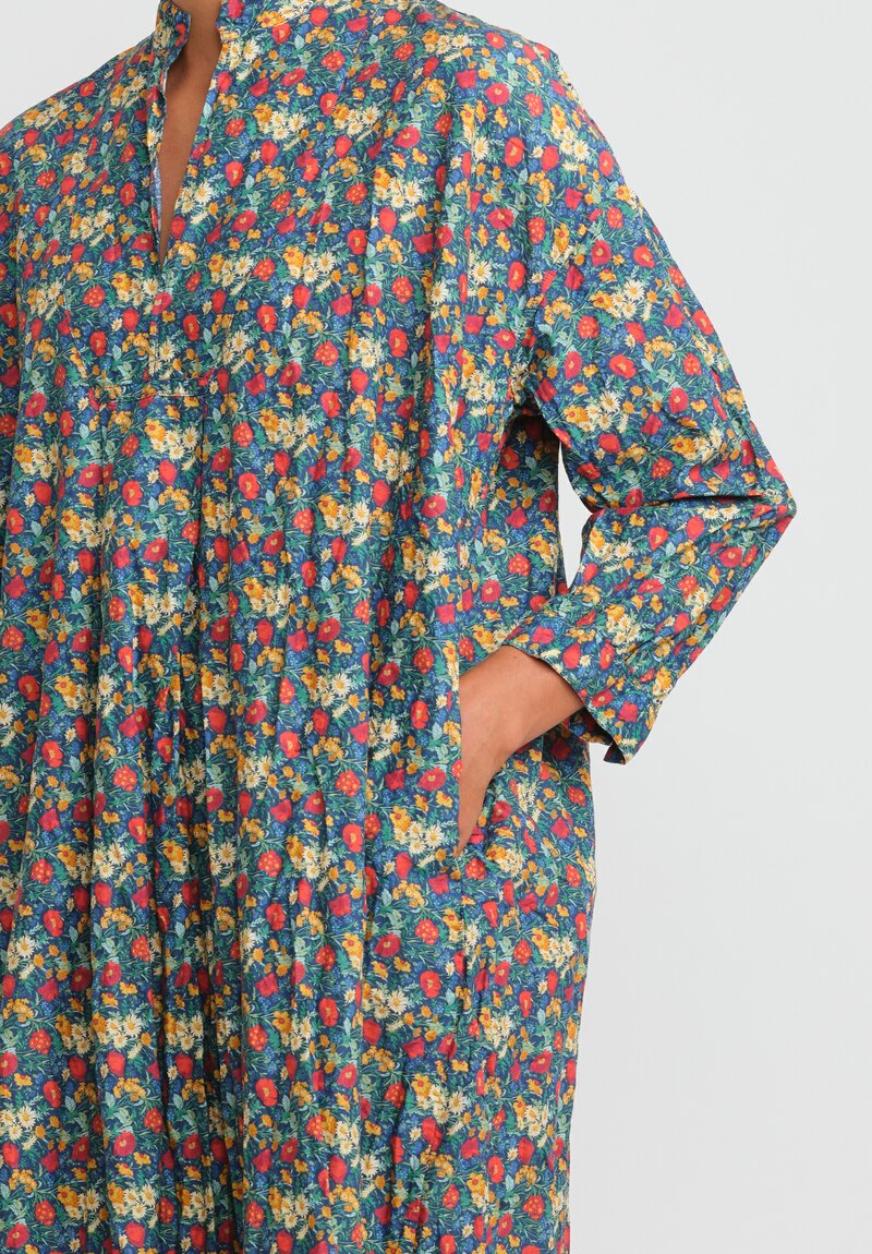 Daniela Gregis Washed Cotton Long Kora Shirtdress in Blue, Orange, Red Flowers