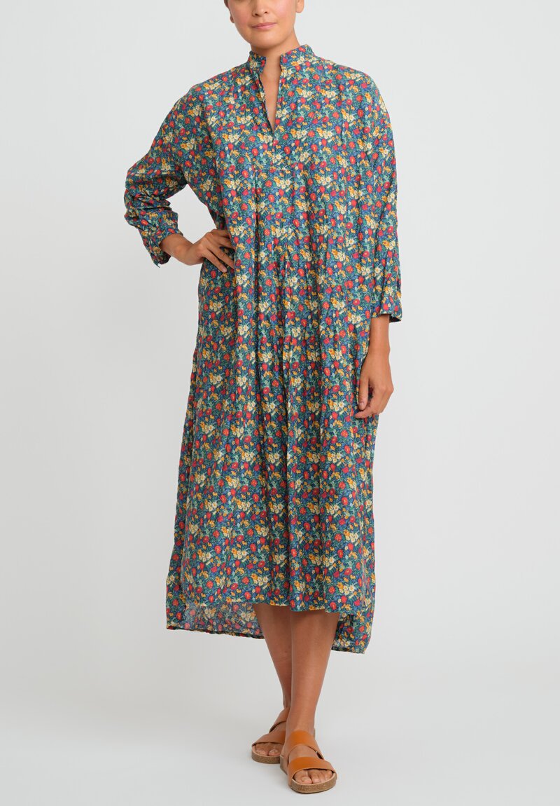 Daniela Gregis Washed Cotton Long Kora Shirtdress in Blue, Orange, Red Flowers