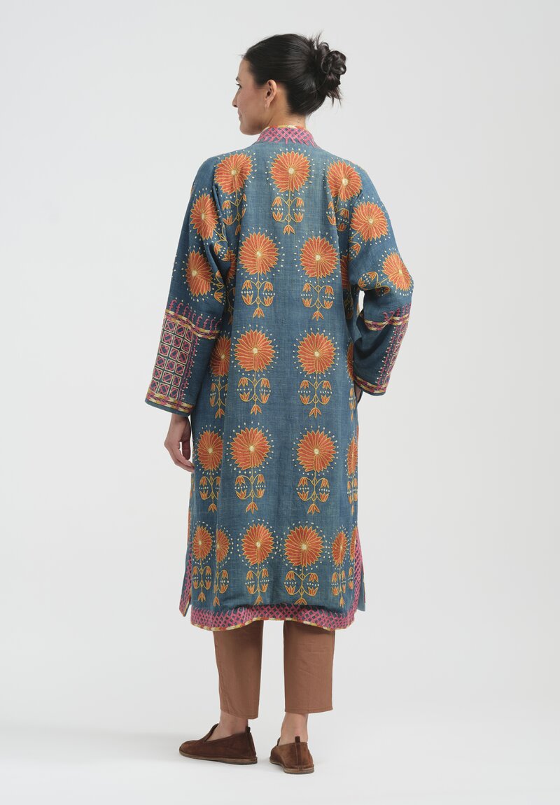 Mehmet Cetinkaya Antique Uzbek Silk Embroidered Chapan Robe in Blue & Coral Flowers	