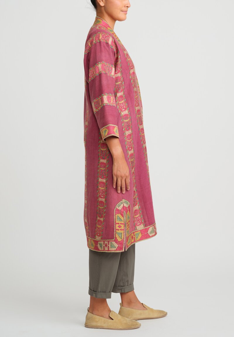 Mehmet Cetinkaya Antique Uzbek Embroidered Silk Chapan Robe Pink	